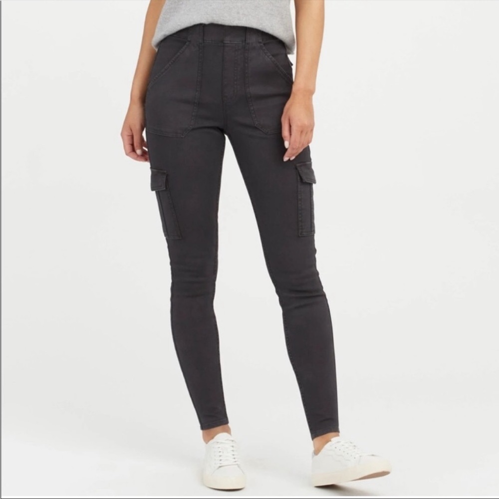 Spanx Cargo Twill Charcoal Black Grey Stretch Pull On Skinny Leggings Small